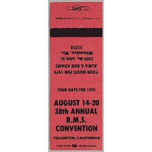 Vintage Matchbook Cover RMS 38th Annual Convention 1978 Fullerton CA Light Red